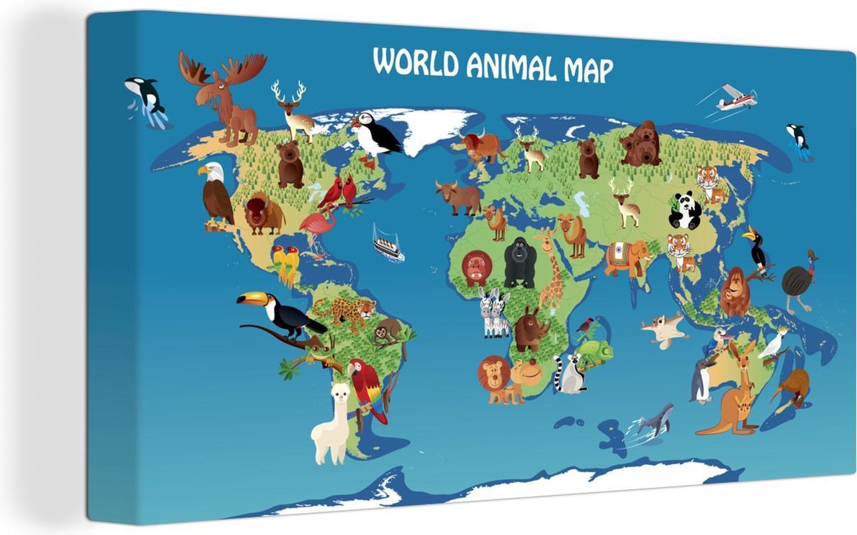 Canvas Een cartoon illustratie van een wereldkaart met dieren - 120x80 cm - Wanddecoratie