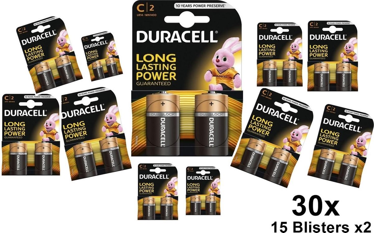 30 Stuks (15 blisters a 2st) -Duracell LR14/C/Baby/R14/MN 1400/AM-2/E93 - LR14 / C / R14 / MN1400 / Baby / AM2 / E93