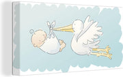 Canvas schilderij - Kinderillustratie van een ooievaar en een baby in een doek blauwe achtergrond - 160x80 cm - Canvas
