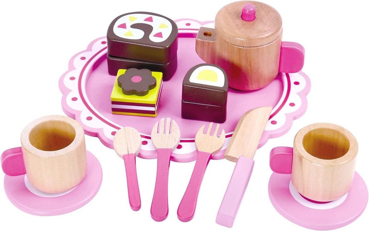 Tooky Toy Koffie- En Theeset Junior Hout Roze/bruin 15-delig