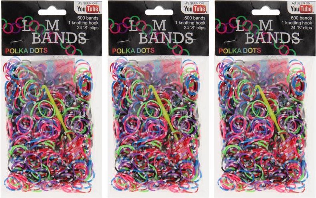 3 zakjes loombandjes à 600 stuks met stippen incl. weefhaken en s-clips - 1800 stuks