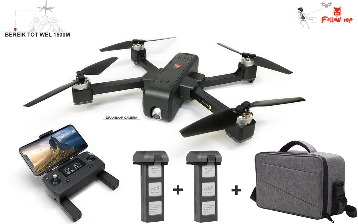 MJX Bugs 4W brushless GPS (1600M) drone - FPV live 4K Ultra HD Foto/video draaibaar camera - met opberg tas en extra accu