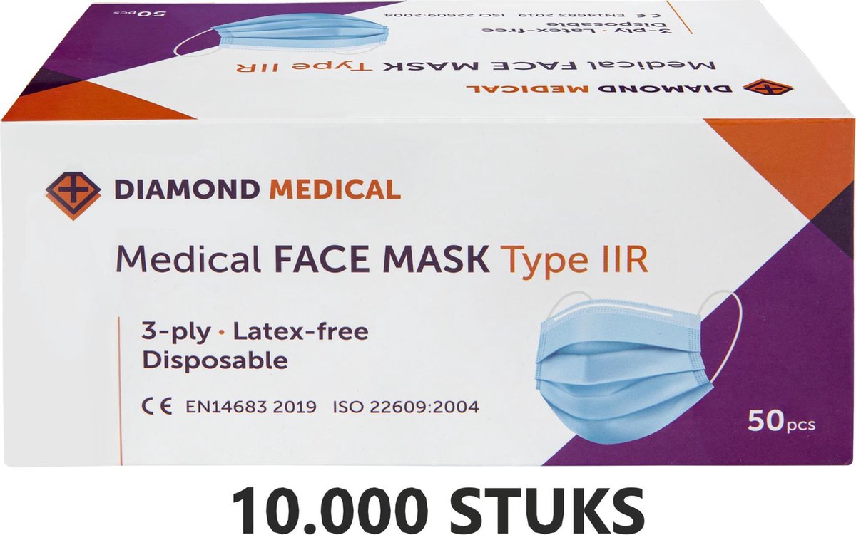 Mondkapjes Type IIR 10.000 stuks - hoge kwaliteit medische mondmaskers - wegwerp 3-laags Blauw
