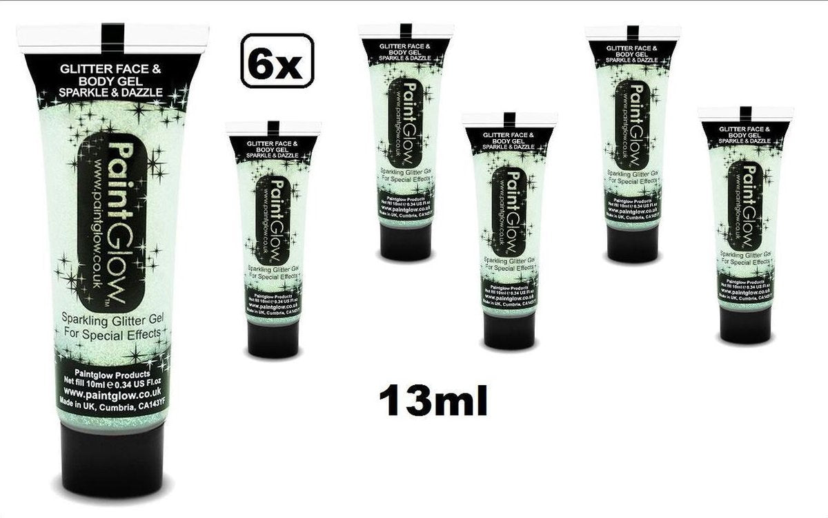6x Face & body paint 13 ml glitter wit