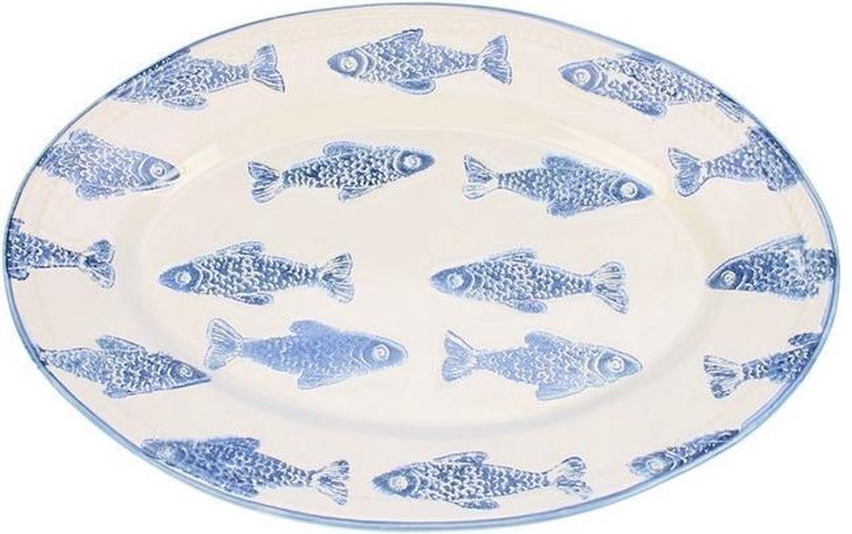 Schaal ovaal Vissen blauw/wit 35x24
