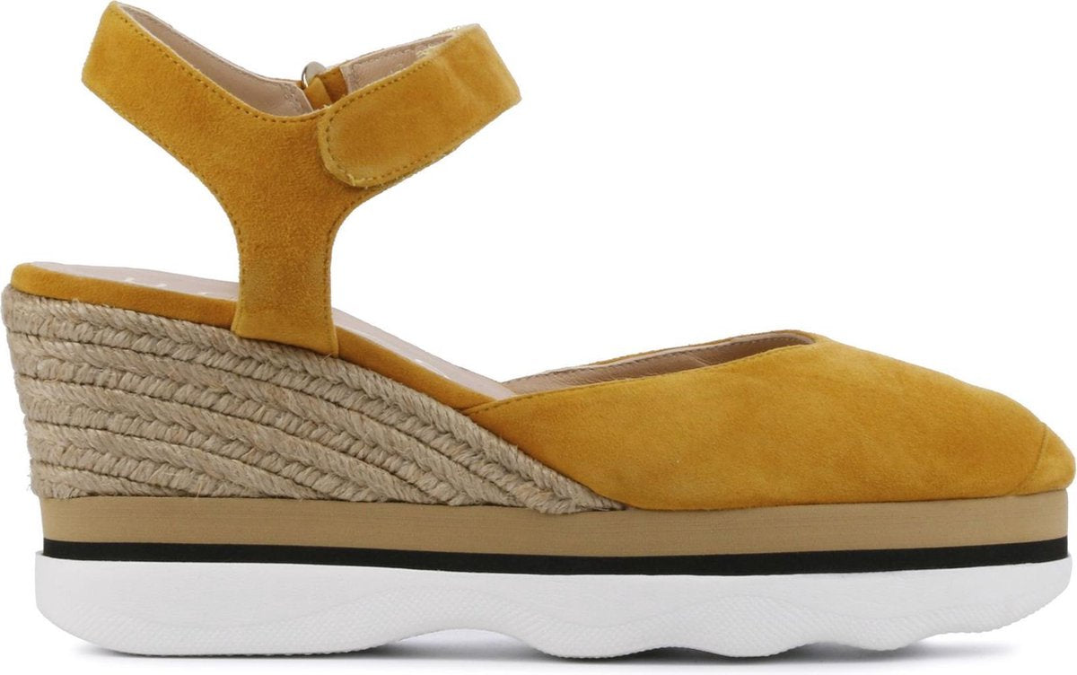 Unisa Vrouwen Suède Espadrilles / Damesschoenen Plateauzool Hoogte 8 cm en hoger Klittenband Lambada suede - Geel - maat 39