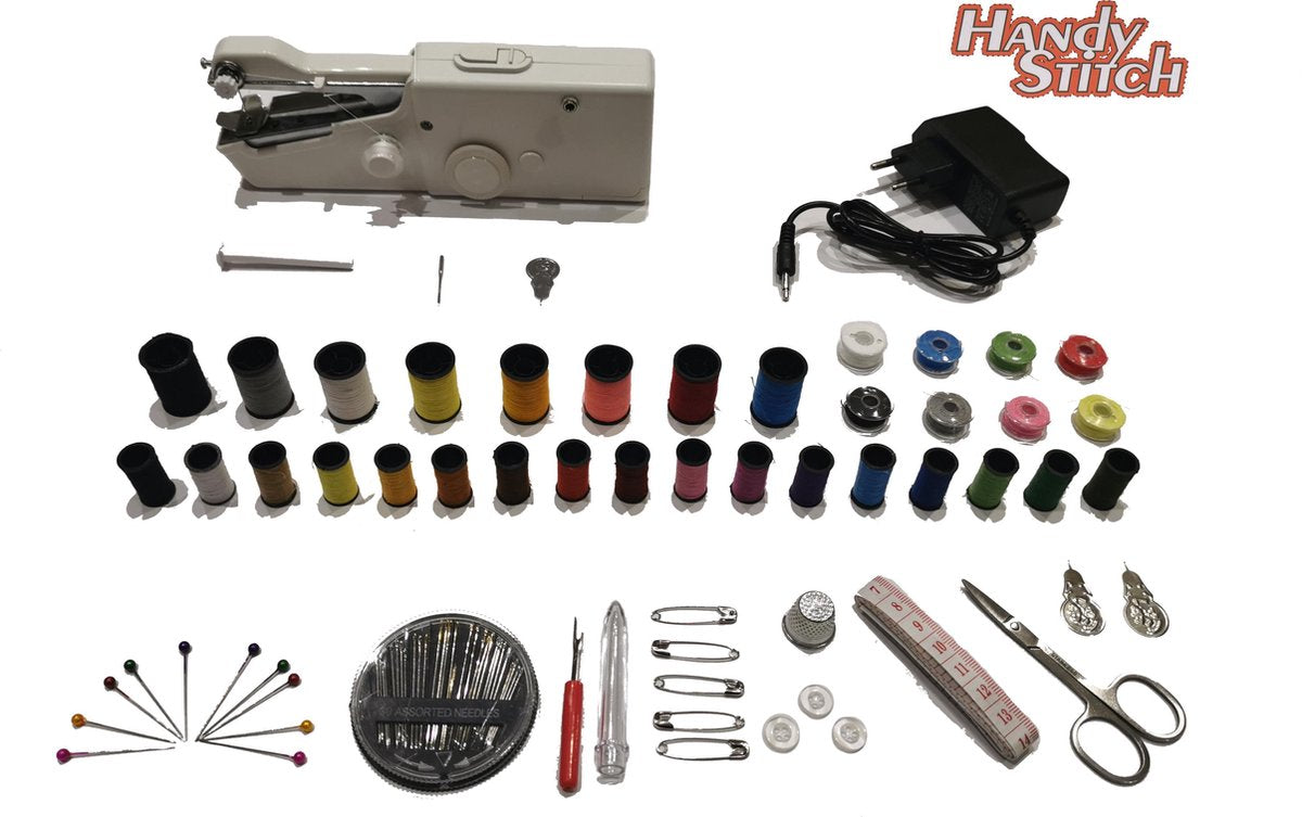 Handy Stitch - PREMIUM Handnaaimachine met Adapter en 92 Delige Starteskit - Compact - Draagbare reis naaimachine - Incl. 34 Spoelen garen - Elektrisch of op Batterijen