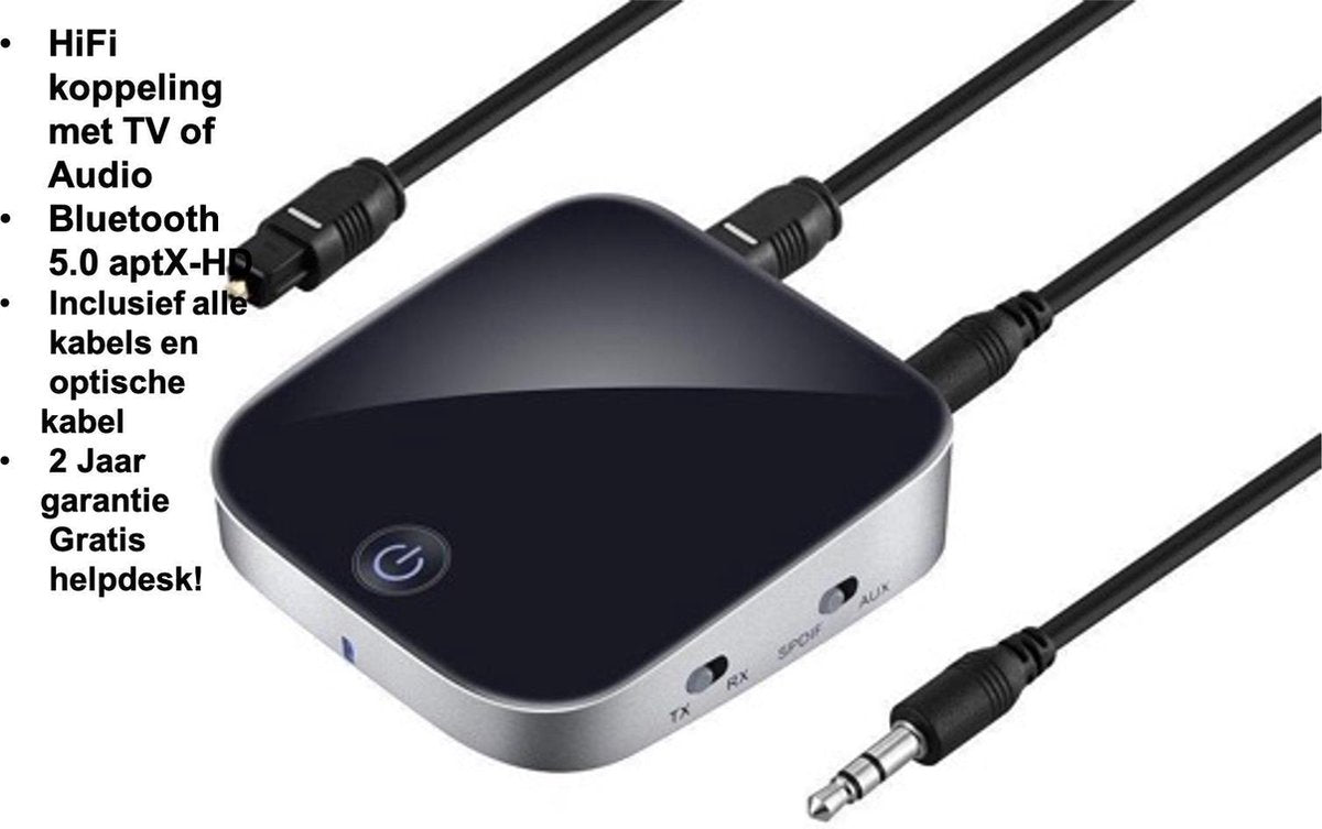 Bluetoolz® | BT-3753 |High Res Audio Bluetooth 5.0 audiozender en ontvanger met  aptX HD | Zwart| 2 jaar garantie! | Gratis helpdesk |Inclusief alle kabels