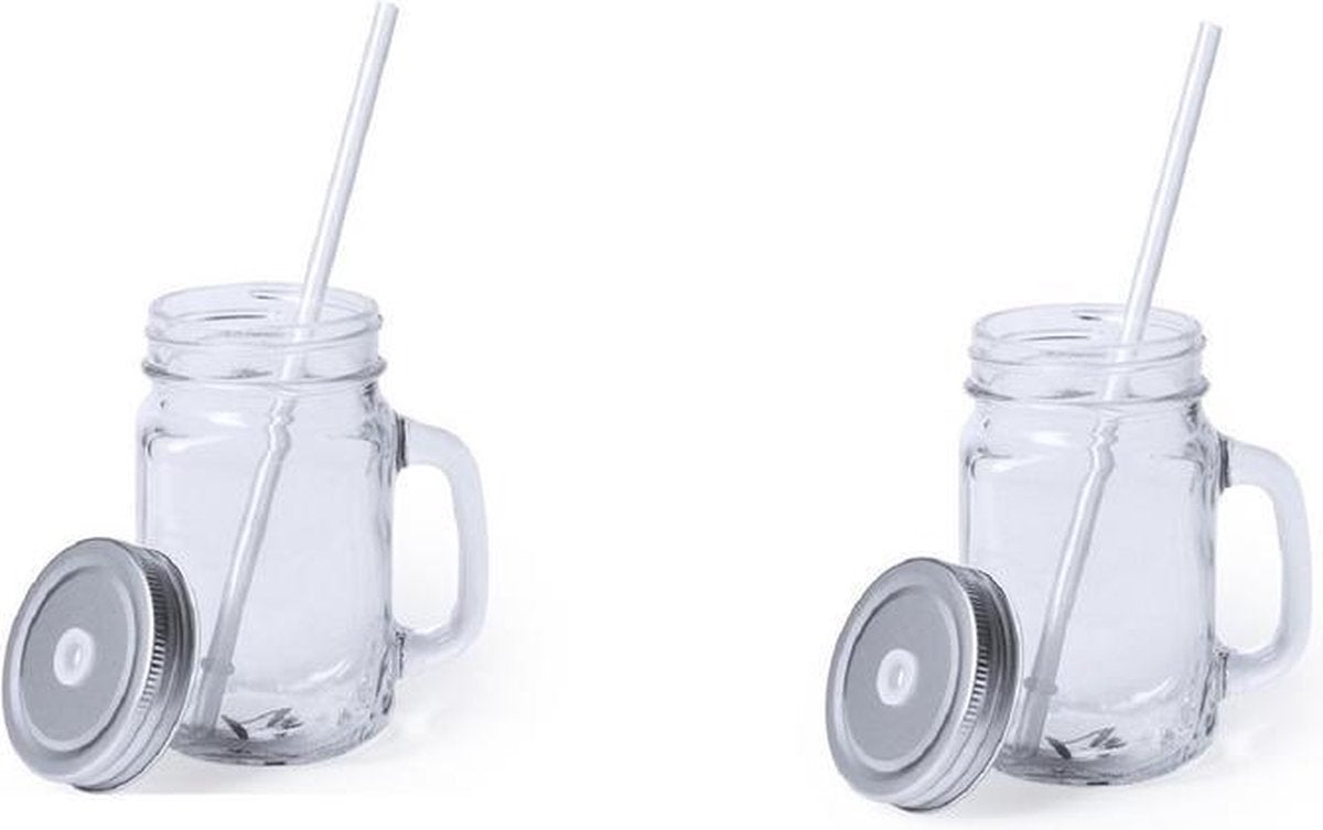 2x stuks Glazen Mason Jar drinkbekers zilvergrijze dop en rietje 500 ml - afsluitbaar/niet lekken/fruit shakes