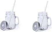 2x stuks Glazen Mason Jar drinkbekers zilvergrijze dop en rietje 500 ml - afsluitbaar/niet lekken/fruit shakes