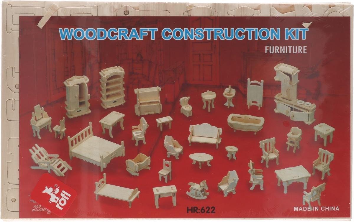 Knutselset hout meubels - inclusief lijm - woodcraft construction - knutselset poppenhuis inrichting - bijhorende meubeltjes hout - furniture meubels