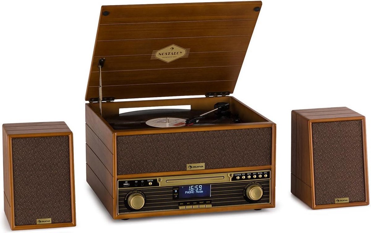 auna Belle Epoque 1910 retro-stereo platenspeler CD-speler luidspreker - riemaangedreven draaitafel en automatische start-stop