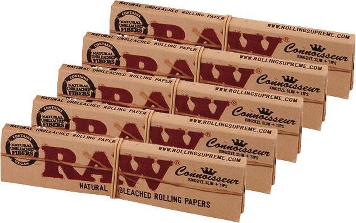 5 x Raw Natural Unbleached Connoisseur King Size Slim Vloei en Tip 5 Pack (160 Vloeitjes + 160 Tips)