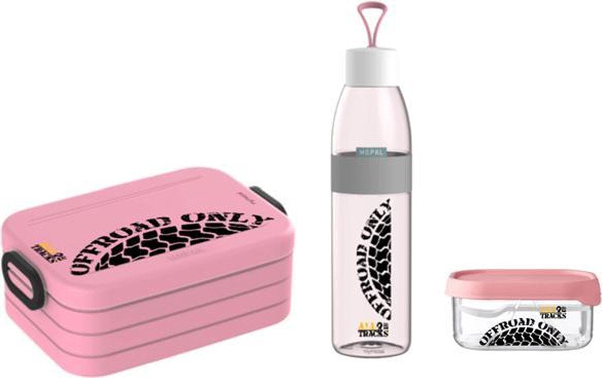 Mepal Broodtrommel medium - Drinkfles 500ml - Fruitbakje – Roze - Offroad Only - 4x4 Offroad