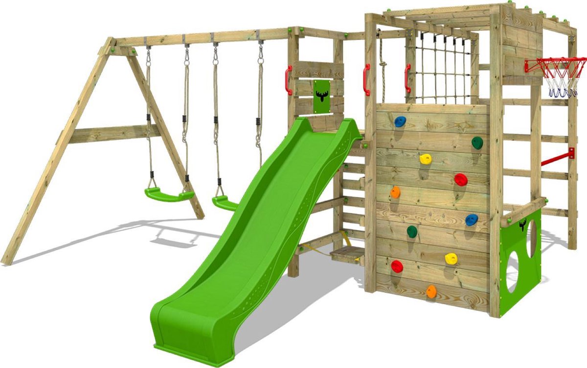 FATMOOSE Klimtoren voor tuin ActionArena met schommel en appelgroene glijbaan