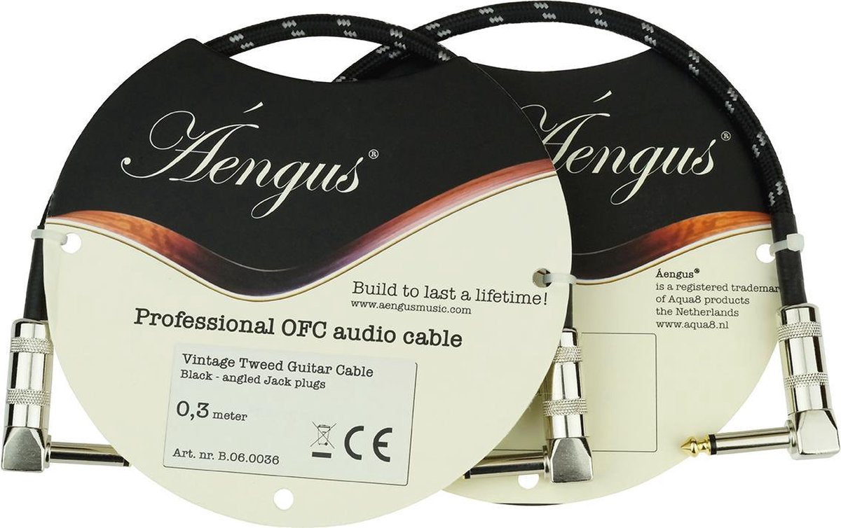 2 stuks Áengus Black Tweed patchkabel - 6.35mm mono jack plug haaks/haaks - 30 cm