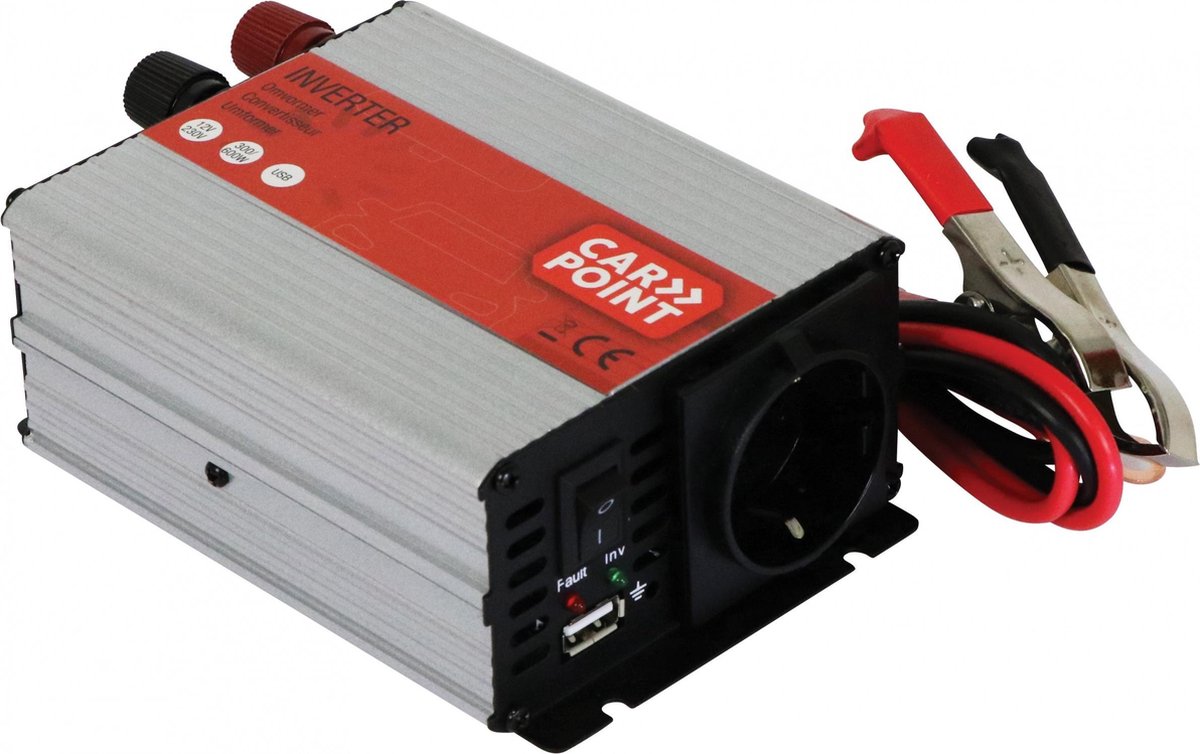 Carpoint Omvormer 12V>230V 300W accuklemmen