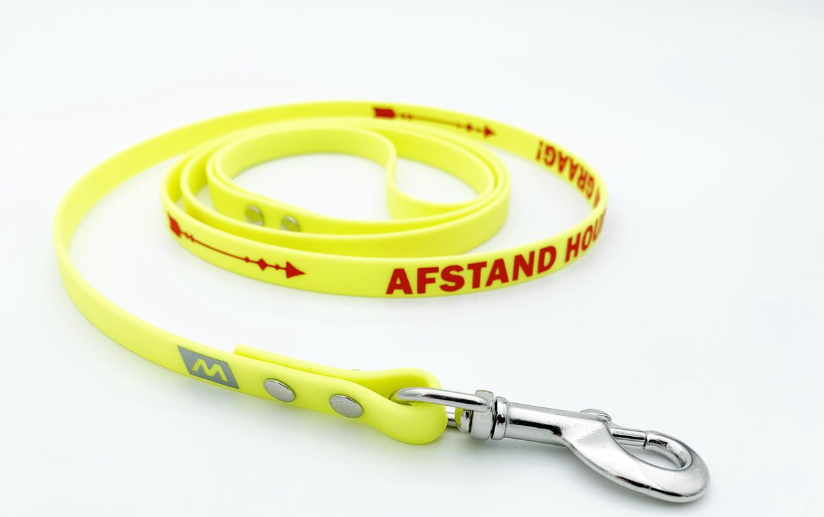 Miqdi BioThane hondenriem – neon geel – 13 mm breed- 1.5 meter lang - met tekst: Aaien? Eerst vragen!