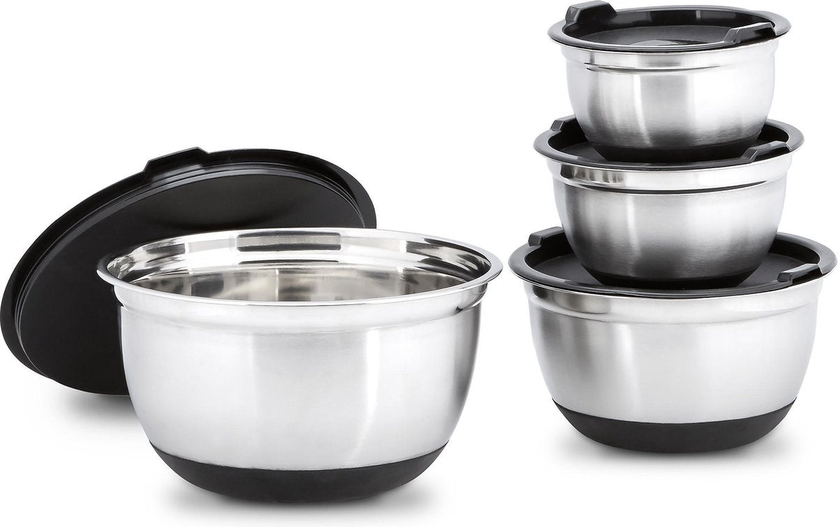 relaxdays Schalenset BOWLY - keukenset - met deksel - 3 slakommen - roestvrij staal Pak van 4