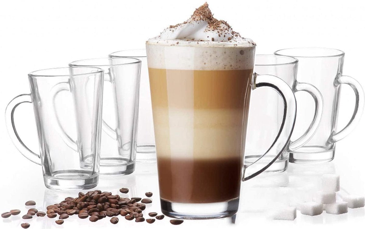 Gutos Latte Macchiato glazen - Met handvat - Set 6 stuks - 350 ml - Theeglazen - Cappuccino glazen - Theeglas - Koffieglazen - Koffie - Glas met oor - Irish coffee glazen - Grote bekers - Thee glazen - Koffie glazen