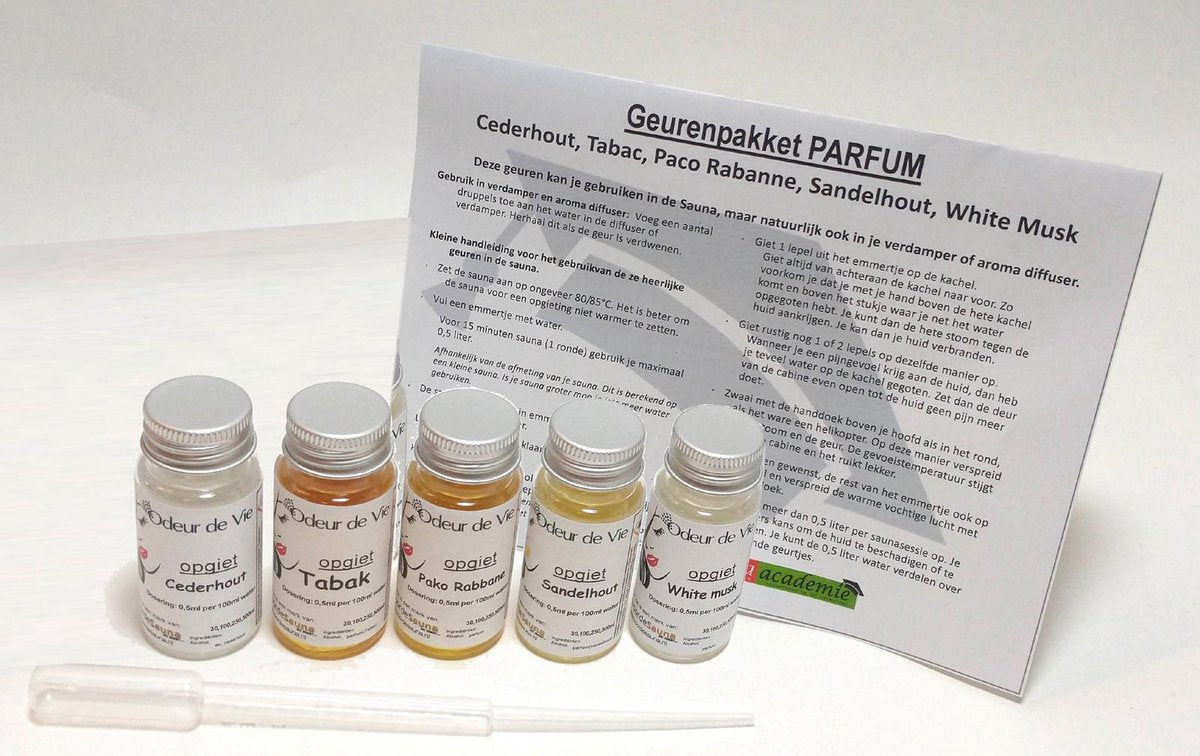 Cadeaupakket Sauna opgiet geur: 5x Eau de Parfum 100ml. Met minicursus opgieten