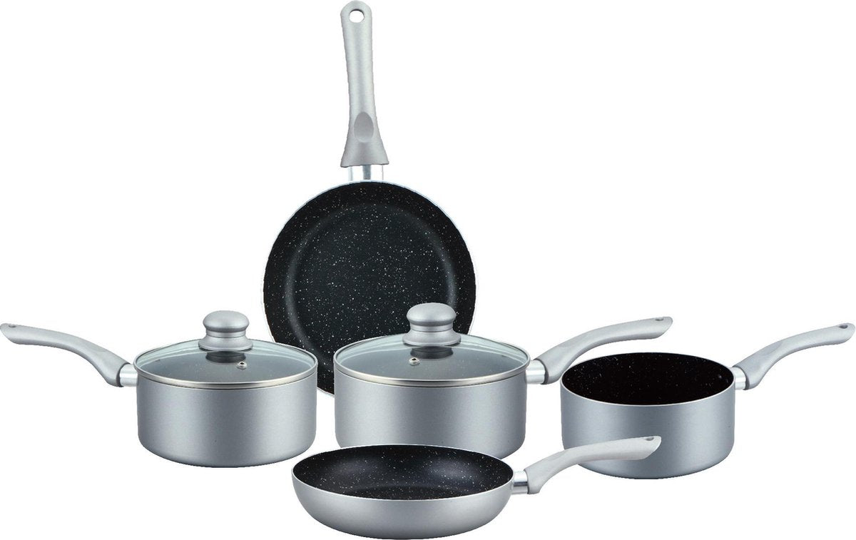 Herzberg - Set Lot 7-delige Pannenset inductie - Steencoating - Pannensets - Glazen deksel - Geschikt voor oven - PFAS-vrij - Zilver - HG-1020