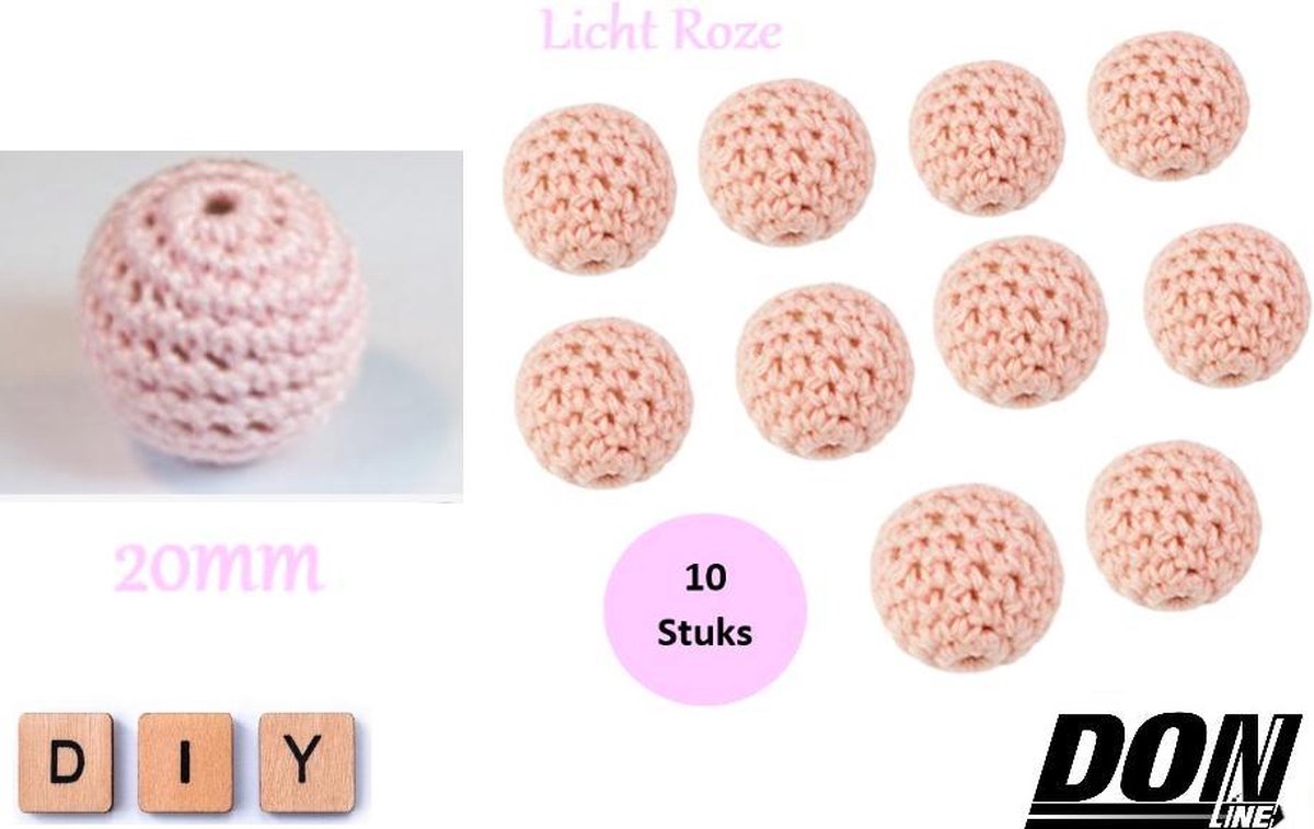 DONLINE – Licht Roze Ronde Gehaakte DIY Houten Kralen 20mm met 4mm gaatje - Houten Gehaakte Kralen - Speenkoord Kralen - Kralen baby - Rijgkralen – Kralen rijgen - Speenkoord Maken – Hobby Kralen – DIY Gehaakte Kralen – Crochet Wooden Beads