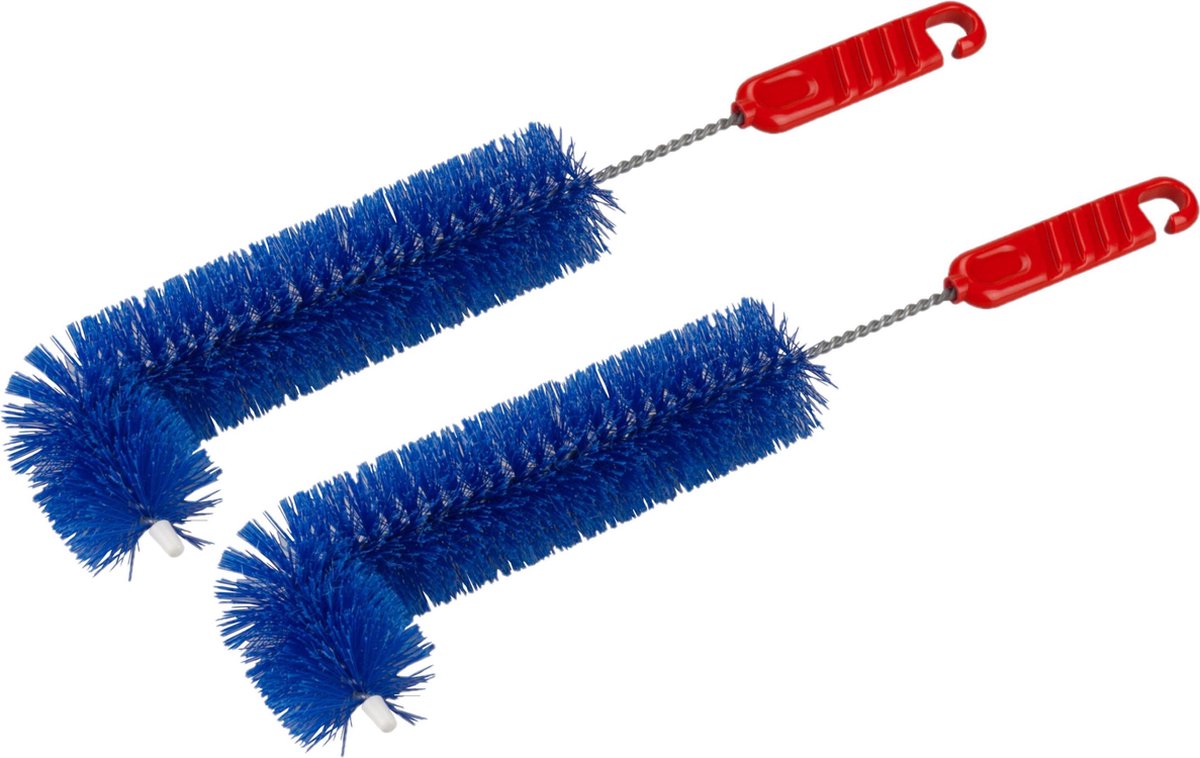 Set van 2x stuks kunststof radiatorborstels/verwarmingsborstels blauw L-vorm 36 cm - Schoonmaakborstels/rager verwarming