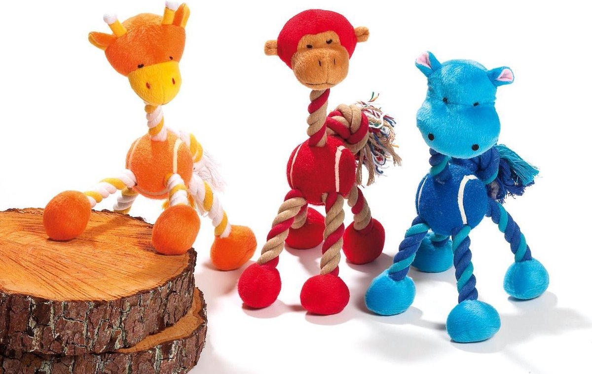 Plush animals joy with tennisball & cotton rope assorted