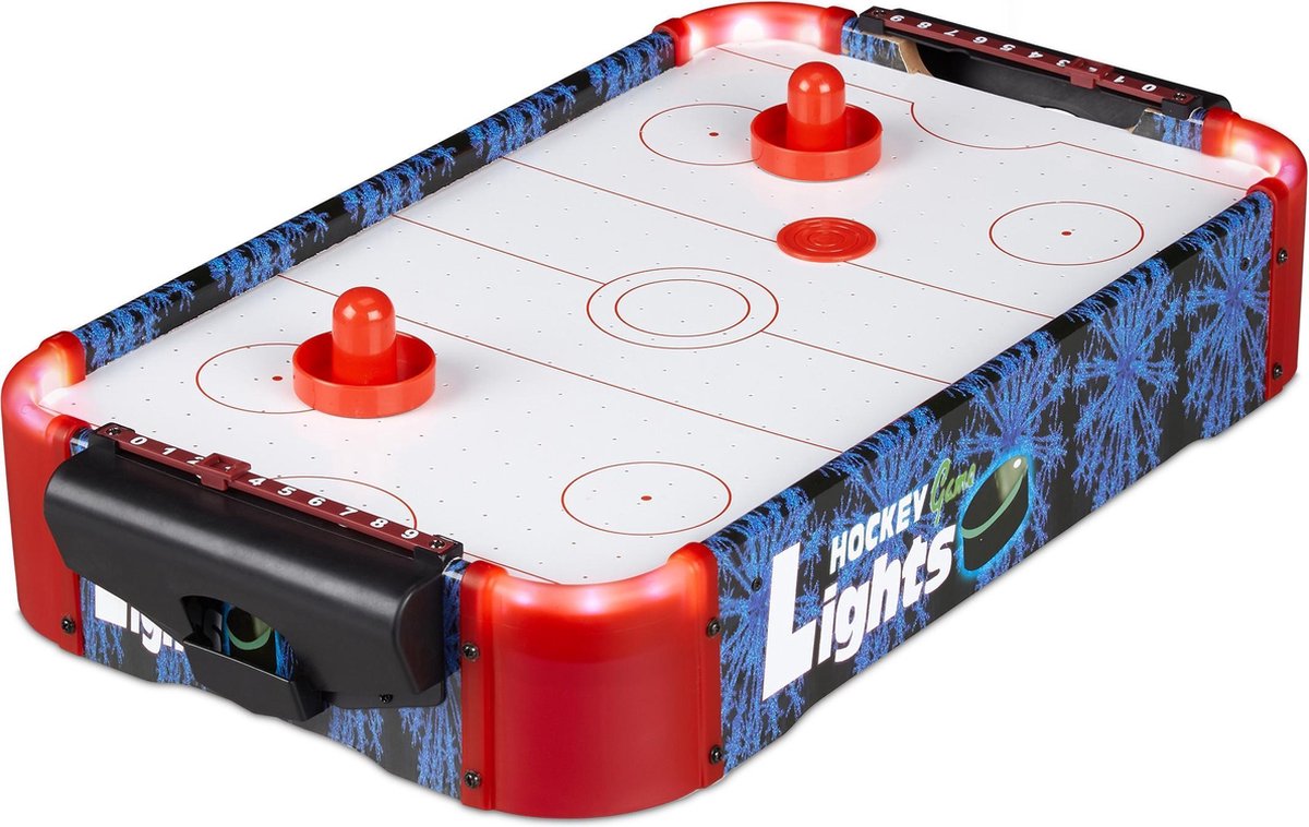 relaxdays mini airhockey - led airhockeytafel - tafelmodel - met rode leds - hockey