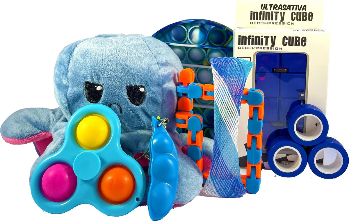 Ultrasativa® - Blue Mood Pakket - Infinity Cube - Pop It - Mesh Marble - Wacky Tracks - Sojaboon - Magic Rings - Mood Octopus - Mood Knuffel - Boos/Blij Knuffel - Snapperz - Snappers - Puzzel Bal - Fidget Cube - Blauw - Fidget - Fidget Pakket - Fidge