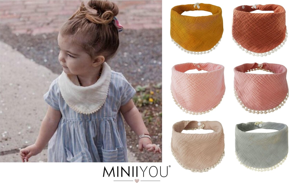 MINIIYOU - 6 stuks - Bandana slabbetjes meisje franjes - roze geel - beige -  Baby - Peuter - Katoen - Hydrofiele slab