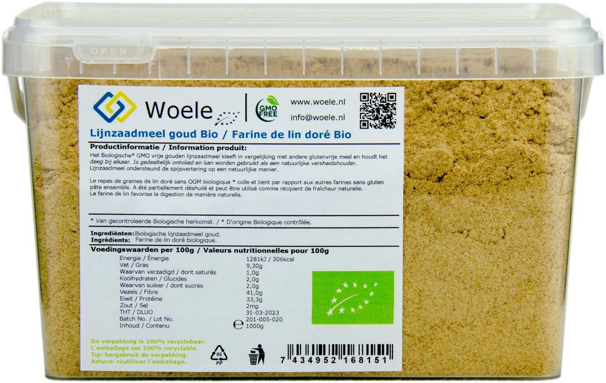 Lijnzaadmeel Bio Blond Goud Geel 1000g  GMO vrij
