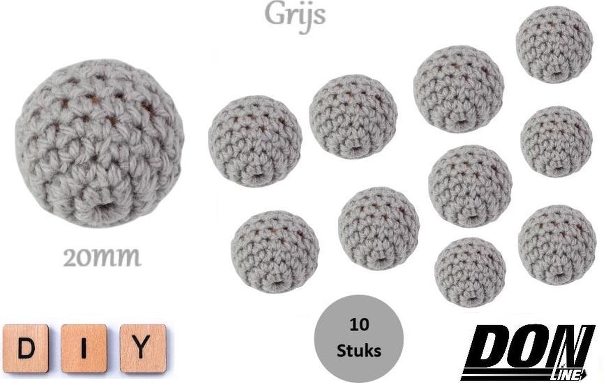 DONLINE – Grijs Ronde Gehaakte DIY Houten Kralen 20mm met 4mm gaatje - Houten Gehaakte Kralen - Speenkoord Kralen - Kralen baby - Rijgkralen – Kralen rijgen - Speenkoord Maken – Hobby Kralen – DIY Gehaakte Kralen – Crochet Wooden Beads