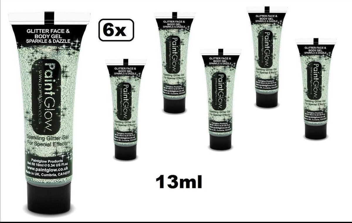 6x Face & body paint 13 ml glitter zilver