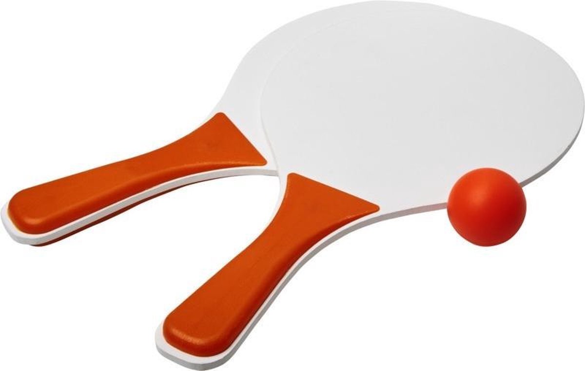 Oranje/witte beachball set buitenspeelgoed - Houten beachballset - Rackets/batjes en bal - Tennis ballenspel