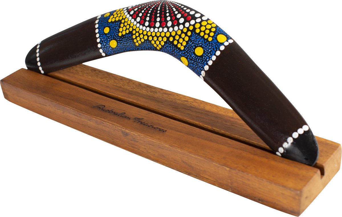 Houten boemerang - maat 40cm - bruin - inclusief boomerangstandaard - werpcircel 15 meter - 400 gram - boomerang