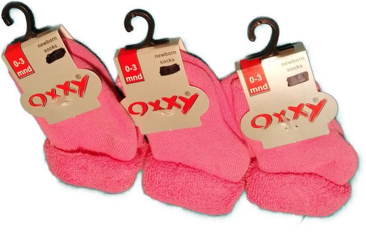 Baby Sokjes - 0-3 Mnd - Roze - Meisjes - Badstof - Met omslag - Voordeelverpakking 3 paar