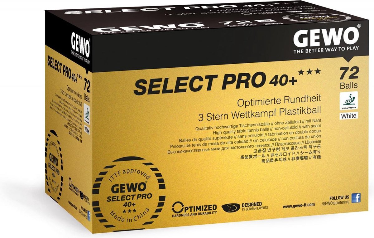 Gewo Tafeltennis Ballen Select Pro 40+ 3* - 72 Ballen - Wit - Ping Pong Ballen