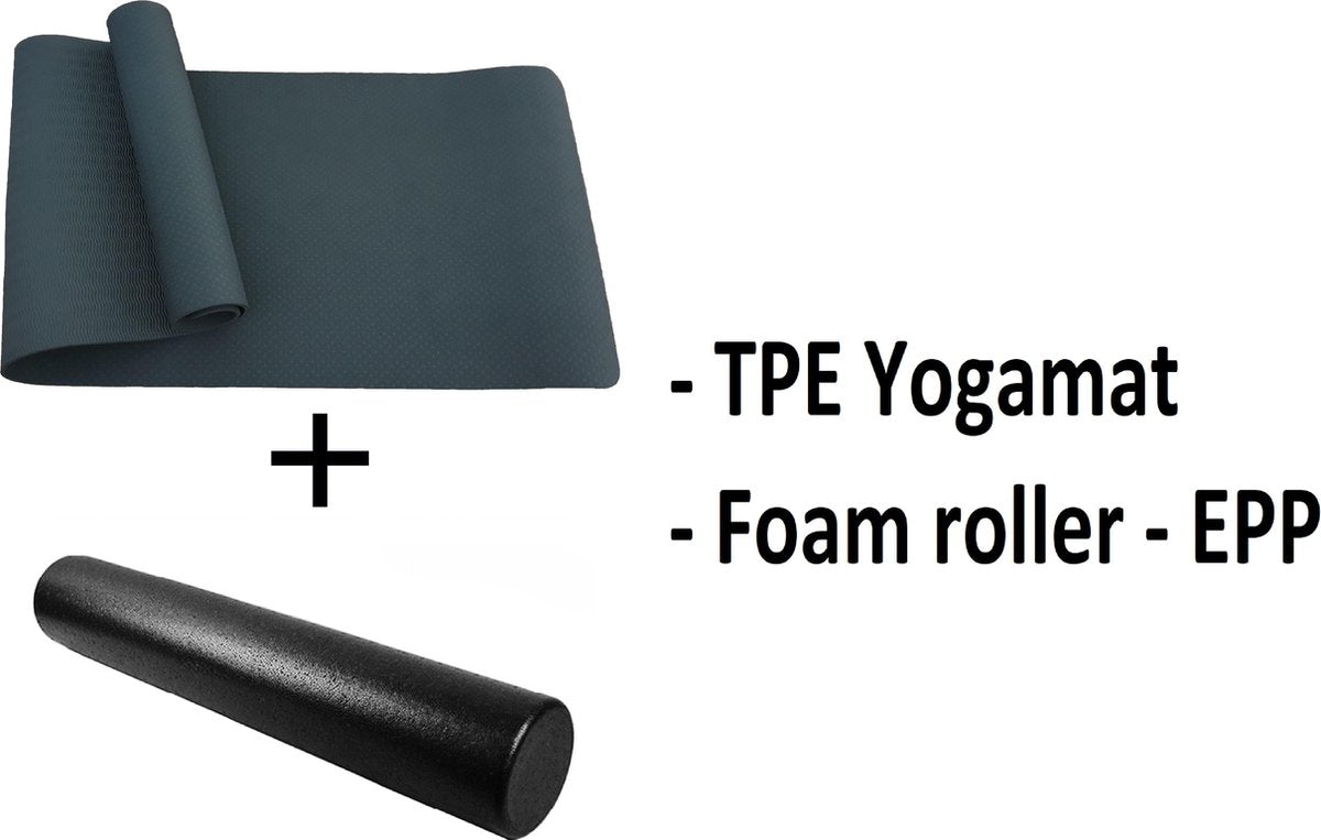 Fitnesspakket 2-in-1 : TPE Fitnessmat - 183 x 61 x 0.6 cm - Zwart +  Foamroller - EPP - Zwart - 60cm