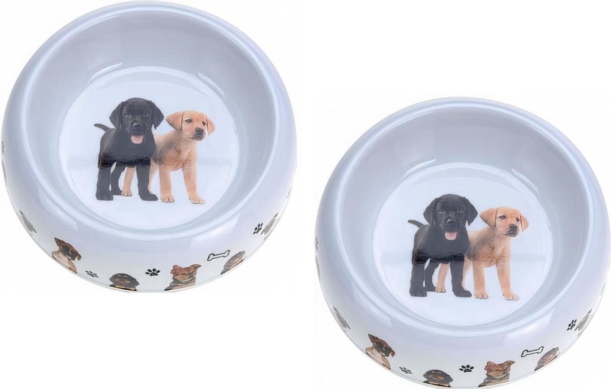 2 stuks hondenvoer- en drinkbak met print Dia 16 cm wit