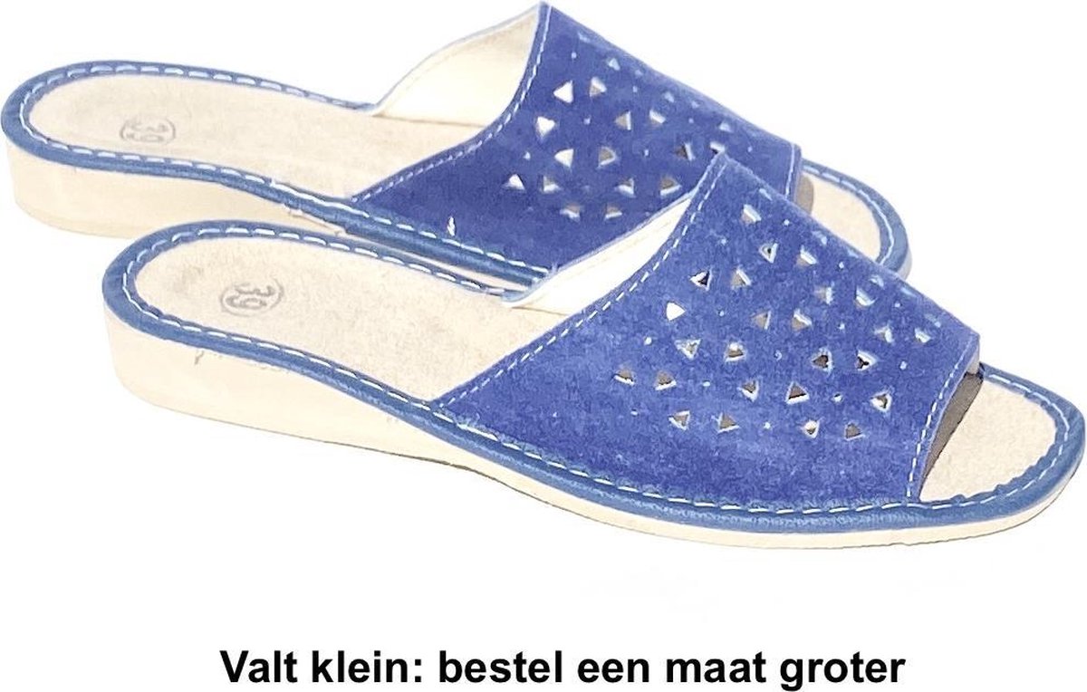 Leren dames huisslippers | Instapsloffen | Suède leer  | Instappers | Slippers | Blauw | Pantoffels | Maat 39
