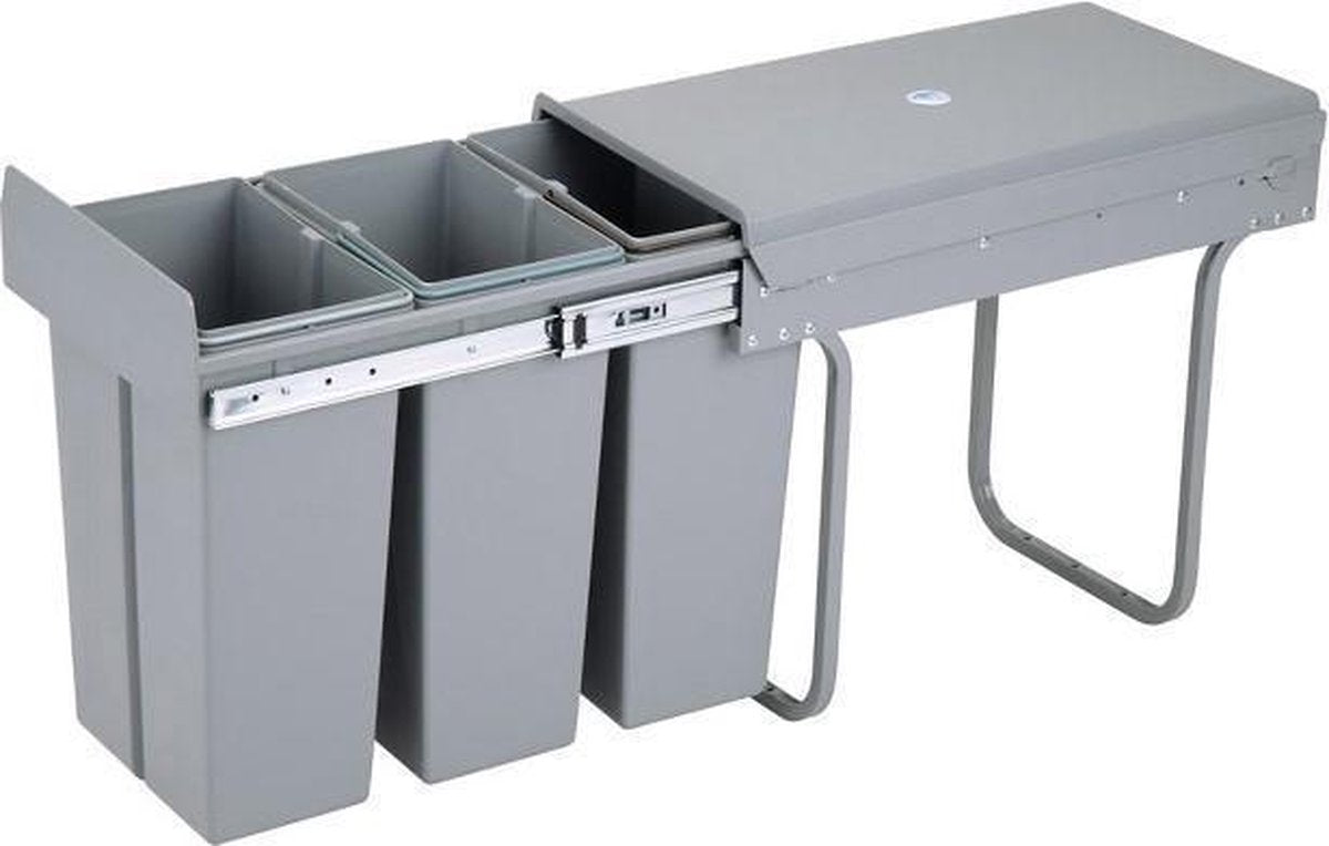 4cookz® inbouw afvalscheidingsprullenbak 3-vaks 30cm – 3x 10 ltr - Grijs