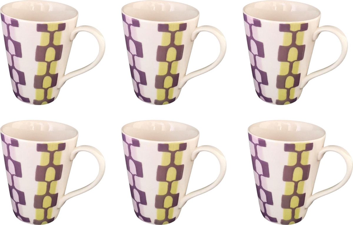 Mok - Beker - Set van 6 stuks mokken/bekers - Keramiek - 100% hand painted - Blokmotief - 300 ml