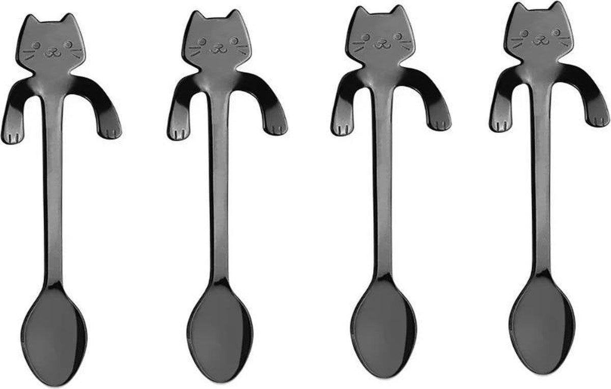 Kattenhebbedingen - Theelepels - koffie lepeltjes - Hangende Kat - 4 stuks - zwart