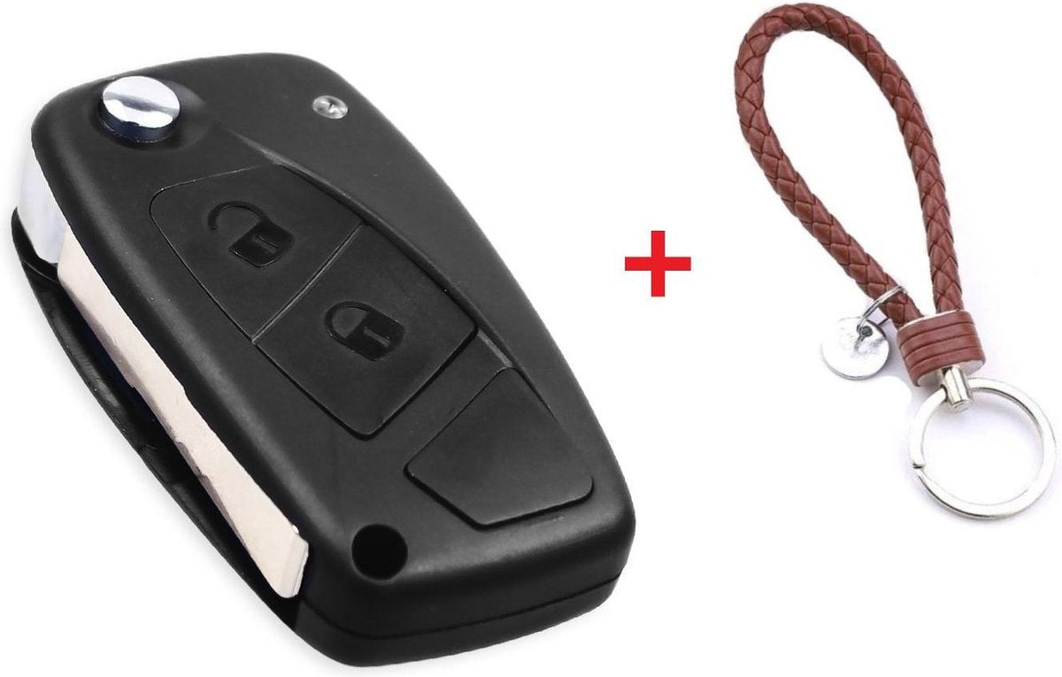 Autosleutel 3 knoppen zwart SIP22ERS8 geschikt voor Fiat sleutel 500 / Panda / Idee / Punto / Ducato / Stilo / Doblo / Bravo / fiat sleutel behuizing + gevlochten bruin PU-lederen sleutelhanger.