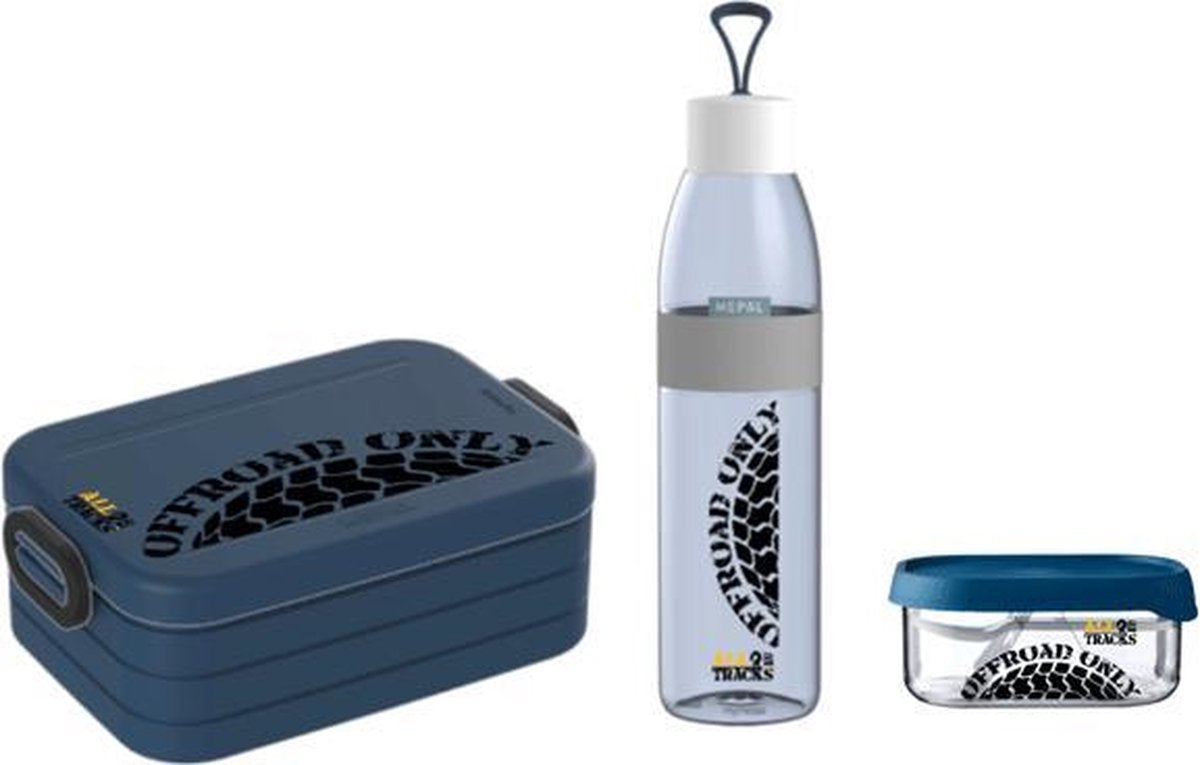 Mepal Broodtrommel medium – Drinkfles 500ml - Fruitbakje - Donker blauw - Offroad Only - 4x4 Offroad