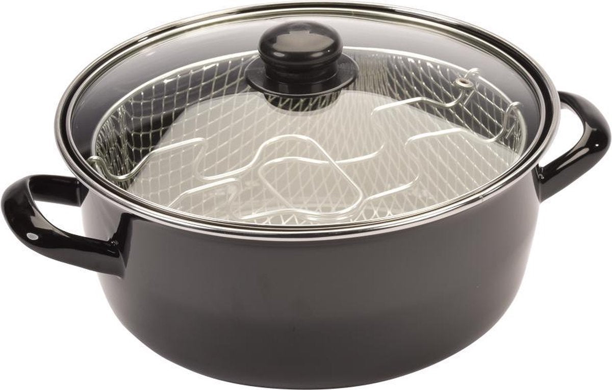 Baumalu Emaille Frituurpan met Glazen Deksel & Korf - Ø 20cm - Zwart