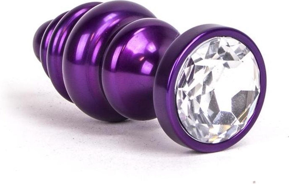 Aluminum Geribbelde Buttplug met kristal - paars
