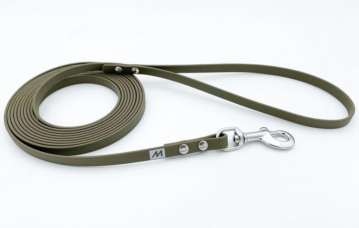 Miqdi BioThane hondenriem – olijf groen – 9 mm breed - 5 meter lang - met handvat